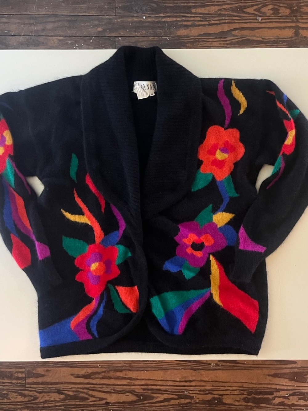 Vintage 80s Oversized Floral and Black Wool Blend Cardigan Sweater